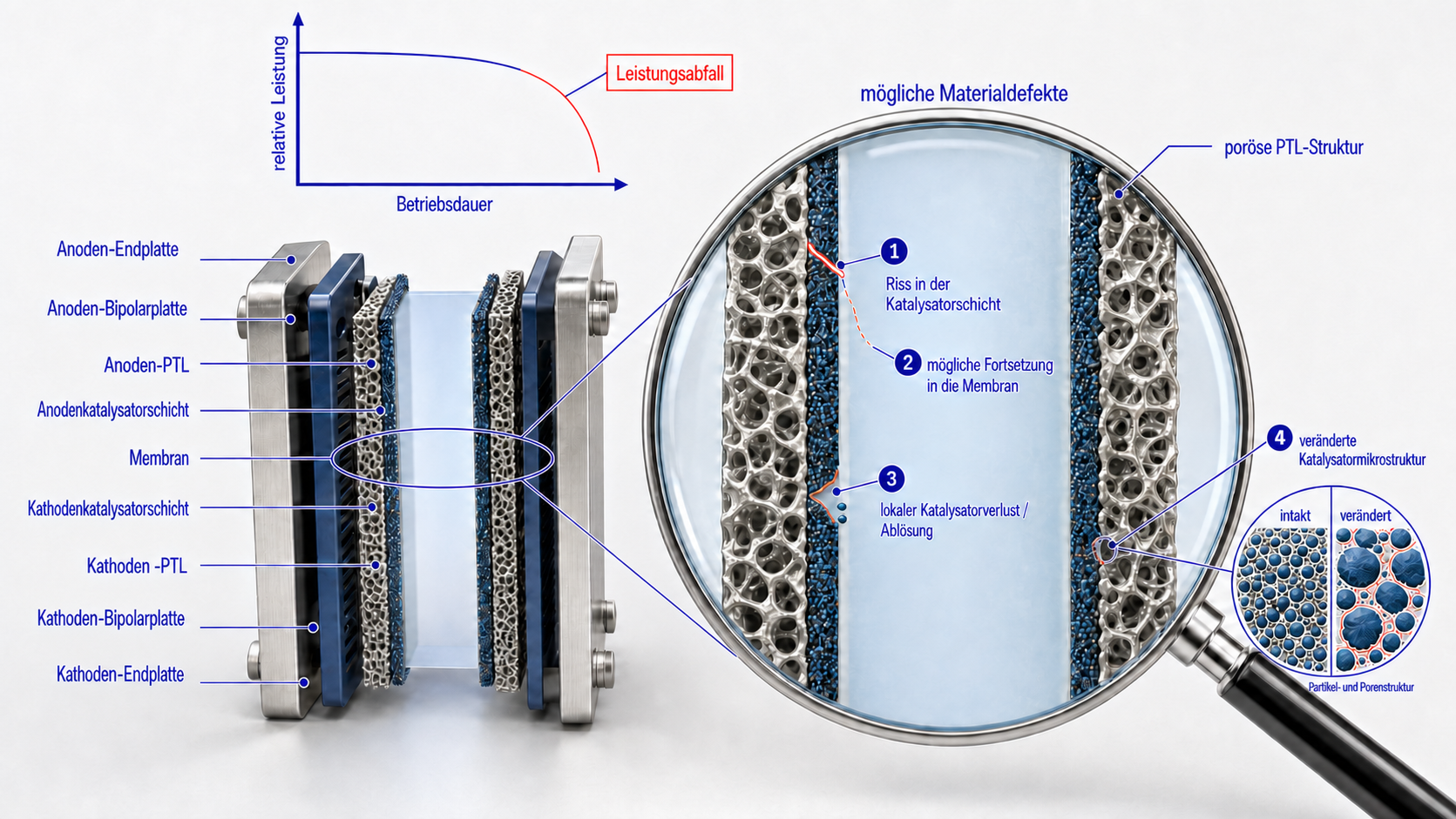 Schema eines PEM-Elektrolyseurs mit vergrößertem Materialausschnitt: mögliche Risse, Ablösungen und veränderte Katalysatorstrukturen.